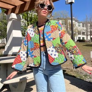 Vintage 70s Open Quilted Faux Patchwork Jacket, Medium